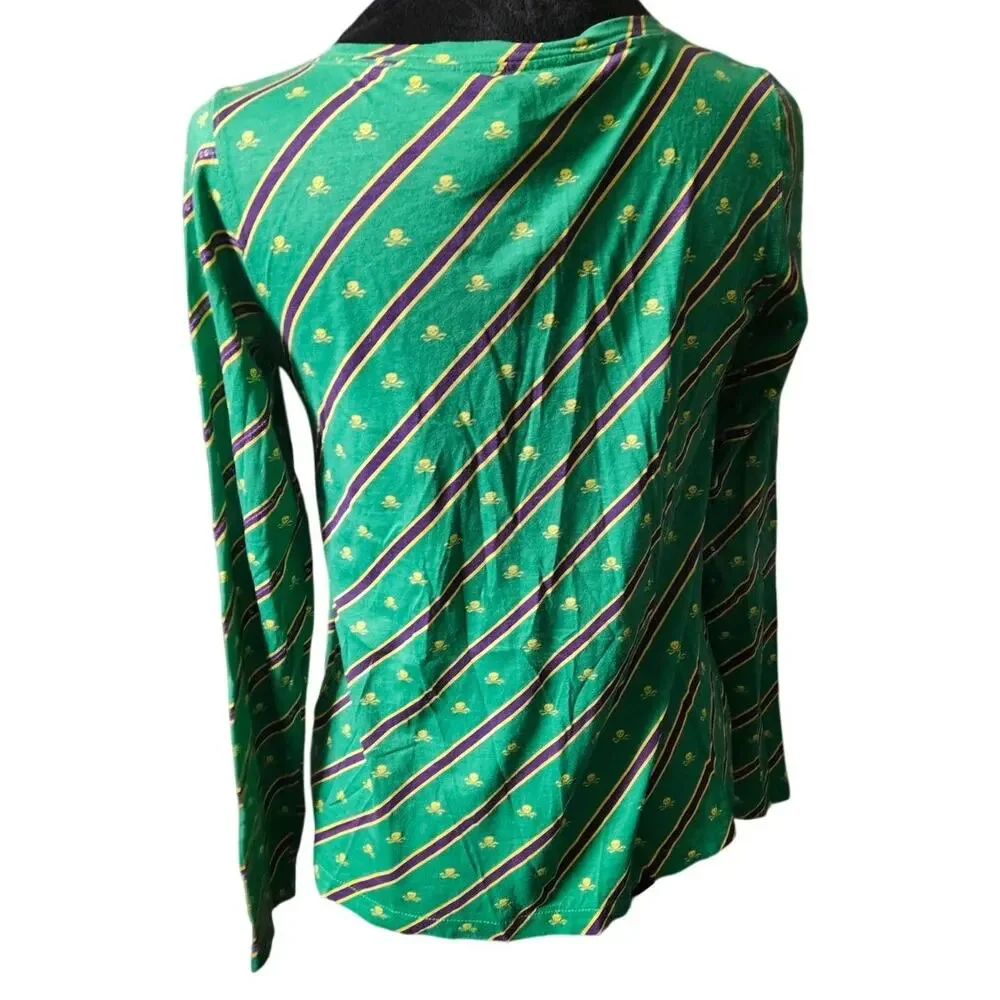 Ralph Lauren Girls Large 12-14 Green Sequin Stripe Skull Crossbones Shirt L/S